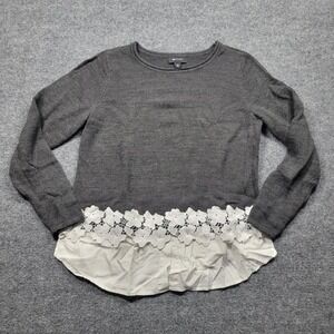 AB Studio Sweater Womens Large Gray Pullover Knit Embroidered Floral Long Sleeve